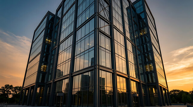 Modern Glass Office Building Reflecting a Sunset Sky, Architectural Design and Urban Development