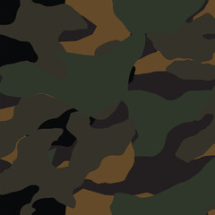 Dark military camouflage pattern in black, brown, and olive green tones, perfect for tactical design and fashionwear. Seamless pattern for textile prints on fabric and wallpaper. © motifs_20
