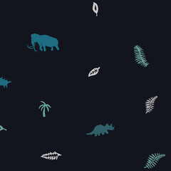Prehistoric animal and tropical leaf illustration featuring mammoth and triceratops silhouettes on dark background. Seamless pattern for textile prints on fabric and wallpaper. © motifs_20