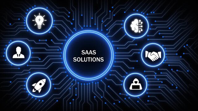 Dynamic saas solutions digital concept featuring glowing network circuit board background, with animated representing, artificial intelligence, business, growth, innovation, and, cloud computing