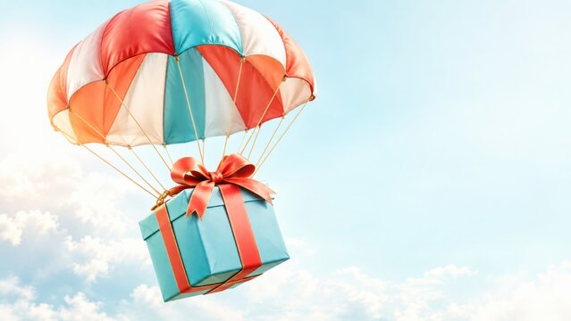 A blue gift box with a red ribbon tied in a bow, descending from the sky attached to a parachute des