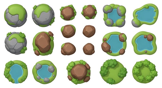 Set of cartoon game assets with rocks ponds and green bushes for top