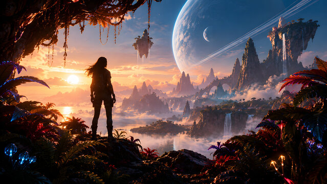 Woman Silhouette Standing on Alien Tropical Planet Under Colorful Galactic Neon Sky, Futuristic Space Landscape and Fantasy Concept
