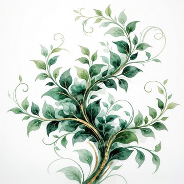 Green watercolor bush with gold leaf accents isolated on white background. Elegant botanical plant branch features foliage, swirling vines. Decorative organic element for spring garden design, floral