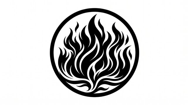 Black and white circular emblem featuring abstract burning fire flames inside a round border background