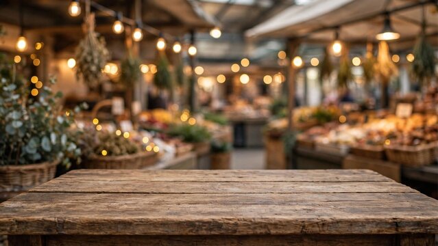 An unoccupied wooden table in front of a holiday market, set against a backdrop of festive winter decorations