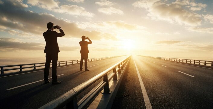 Two businessmen stand on highway bridge looking through binoculars toward horizon. Successful male executives use optical tools to find new business opportunities, strategic goals. Men in suits