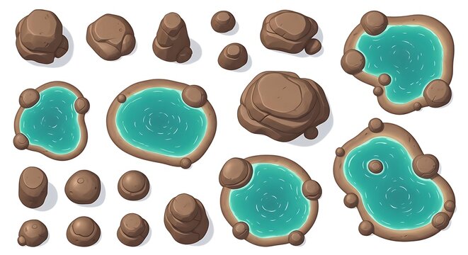Set of cartoon game assets with blue water ponds and brown rocks for
