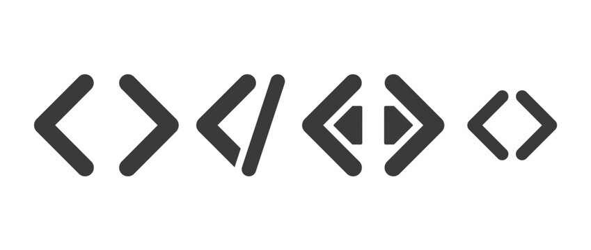 Code angle bracket symbols for programming. Technical coding symbols with directional arrows. Left, Right, Double, Single angle brackets. Vector illustration.