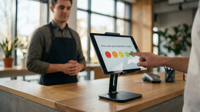 User's hand interacting with a digital feedback system on a tablet at a modern service counter, expressing high satisfaction with their customer experience