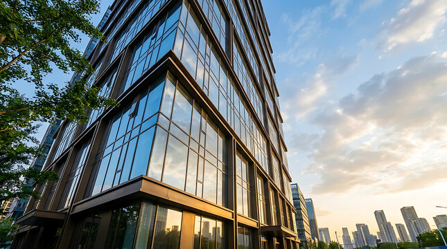 Modern architecture glass office building facade reflecting golden sunset sky in urban city downtown business district