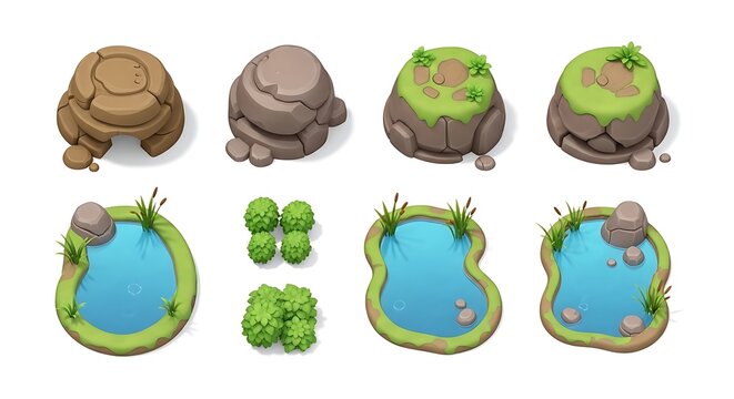 Set of cartoon game assets with rocks and ponds for mobile strategy