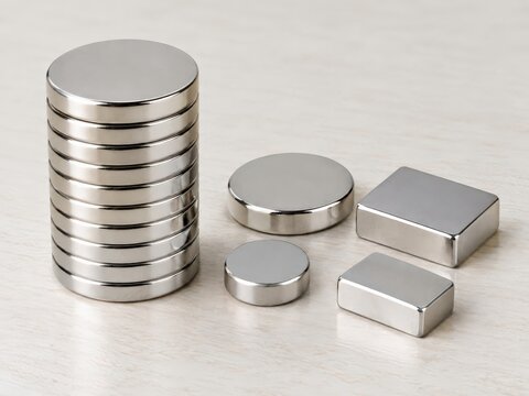 Neat stack of neodymium rare earth magnets on workbench