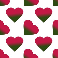 Seamless repeat pattern of green-to-pink gradient hearts on a white background. Modern, abstract, versatile design. © Ina Kariim