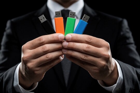 Businessman in suit holds four colorful USB flash drives in hands. Close up of man presenting black orange green, blue thumb drives. Digital data storage concept for universal access to information,