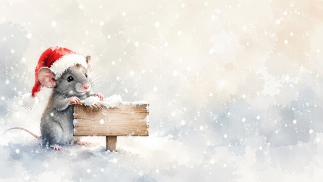 Watercolor christmas mouse in santa hat with snowy wooden sign on pastel background. holiday greeting card, winter celebration, cute animal illustration, festive season design copy space