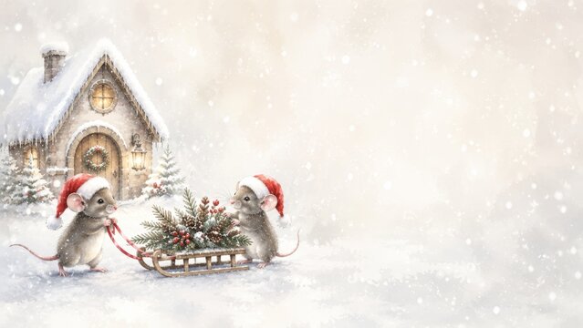 Watercolor christmas mice with sled, cute winter scene with santa hats, snowy cottage, festive decor. holiday card background, whimsical animal illustration, new year celebration copy space