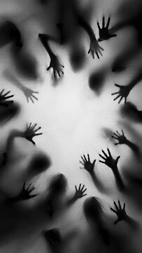 Ghostly shadow hands reaching in a circle behind white fabric, eerie Halloween vertical background