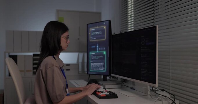 Woman programmer typing on mechanical keyboard with code on dual monitors in software office