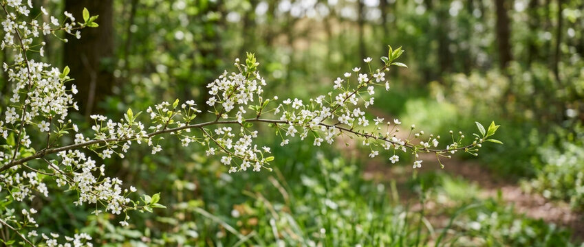 Spring cherry blossom branch with white flowers in a sunlit forest path nature background