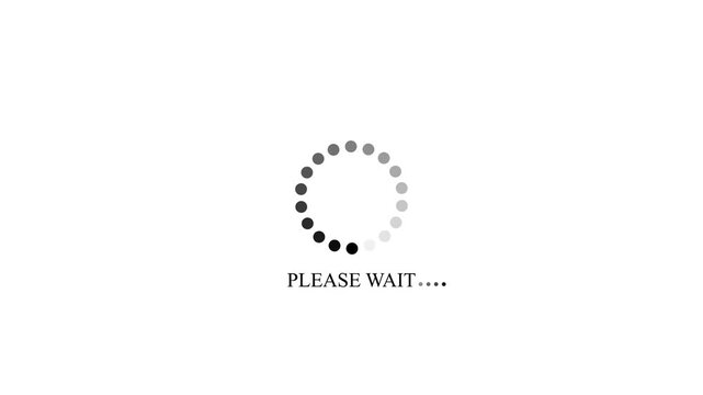 Please wait text with black dotted loading circle spinner on white background