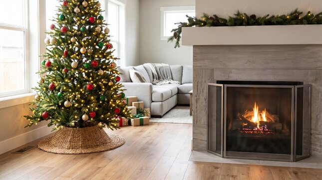 Christmas tree fireplace safety screen cozy living room with gifts and warm fire. Concept of holiday fire safety, home prevention, festive decor, winter comfort, family protection