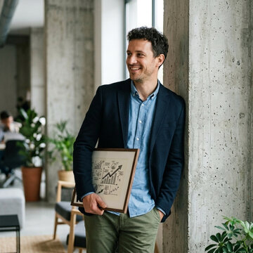 Smiling businessman holding a framed business strategy chart with upward arrow and charts in modern office