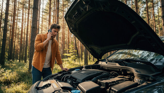 Upset young man calls for help with broken car in forest. Driver uses smartphone to contact roadside assistance after engine malfunction. Open hood shows car engine trouble on lonely road during
