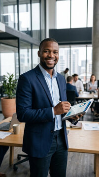 Smiling businessman in suit holding tablet with charts in modern office team working in background