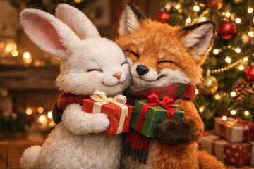 Fototapeta premium Cute rabbit and fox hugging with christmas gift boxes near decorated tree with lights. Adorable animal friends in knitted scarves celebrating winter holiday