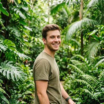 Smiling Young Man in Lush Tropical Rainforest Outdoor Adventure Nature Exploration