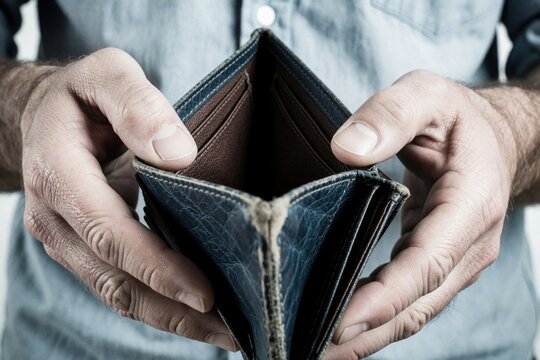 Man holds open empty leather wallet in hands. Close up of bankrupt person showing no cash money inside. Unemployed male suffers from financial crisis, debt, poverty. Economic depression concept with