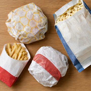 Top view of fast food wrappers and popcorn bag on a table