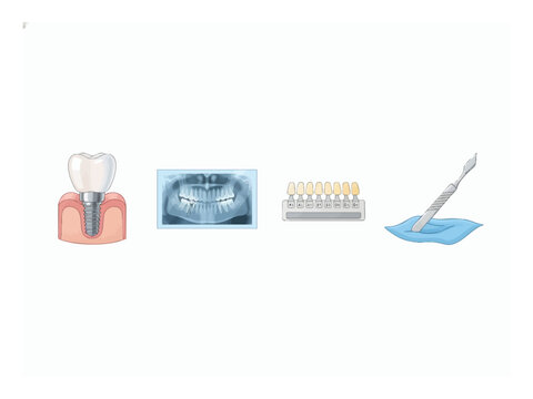Dental implant titanium screw ceramic crown and dental jaw panoramic xray set, isolated on white background