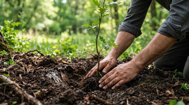 Close-up of hands planting a young oak sapling in rich dark soil, environmental conservation, reforestation, ecological restoration, nature protection, sustainability, climate
