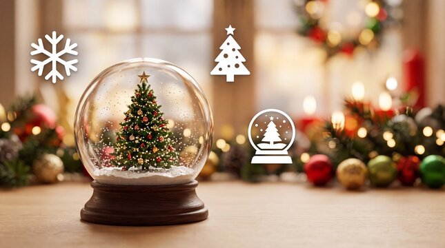Christmas Snow globe with decorative tree and icons on wooden table with holiday blurred background