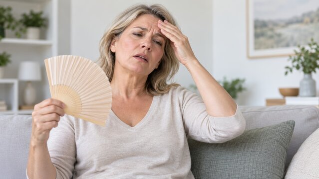 Woman fanning herself while experiencing a hot flash at home. She holds her hand to her forehead in discomfort. symptoms of menopause and hormonal changes