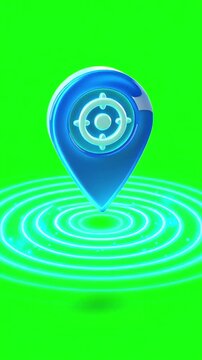 3D GPS navigation pin icon pulsating and hovering with a ripple effect on a bright green screen background for easy chroma keying