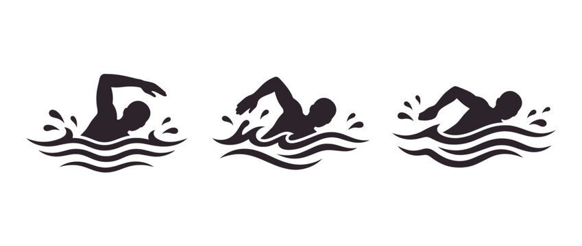 Swimmers performing competitive strokes in water. Athletic divers and synchronized swimmers silhouetted on transparent background. Butterfly, Breaststroke, Freestyle. Minimalist design for sports.