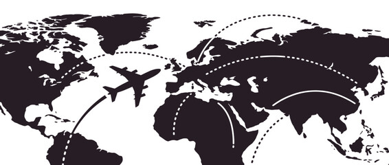 Global flight routes map with airplane icons. International air travel network. Vector illustration. © joaqov
