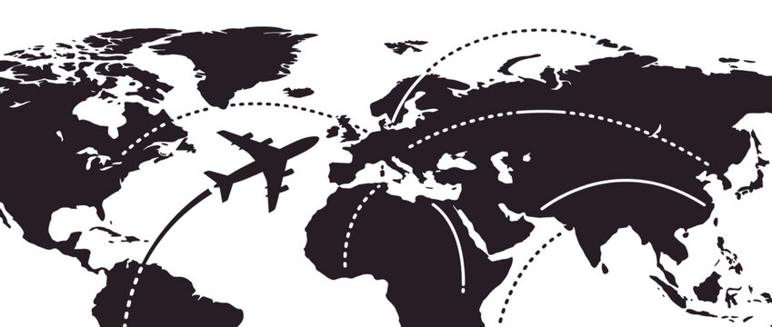 Global flight routes map with airplane icons. International air travel network. Vector illustration.