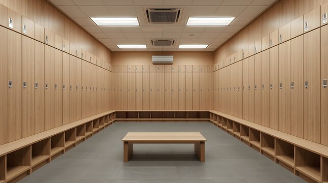 Modern School Locker Room Interior with Wooden Storage Lockers, Open Shoe Cubbies and Rustic Wooden Bench