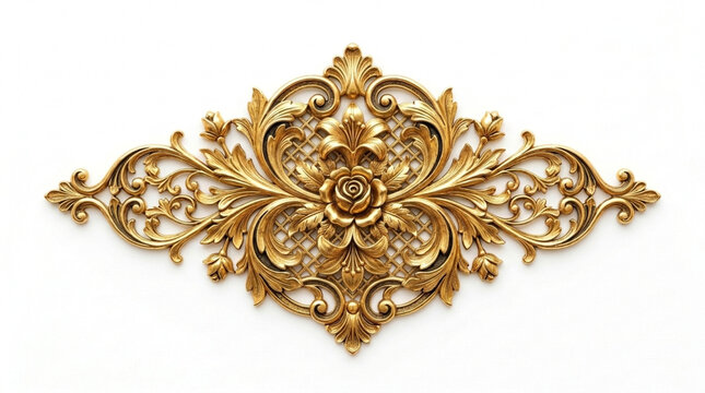 Ornate Gold Floral Scrollwork Ornament with Rose Detail Elegant Decorative Element Isolated on White