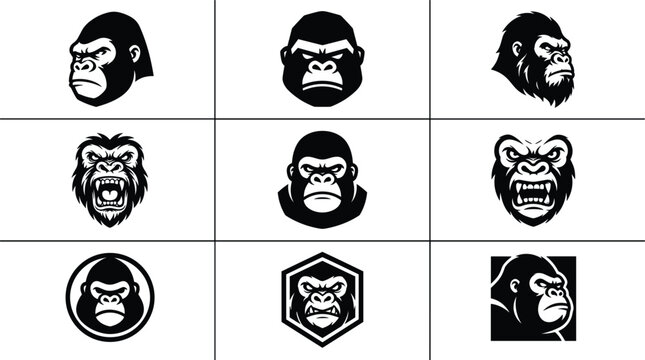 Angry gorilla head mascot collection featuring wild primate chimpanzee ape silhouettes logos badges for sports team design grid