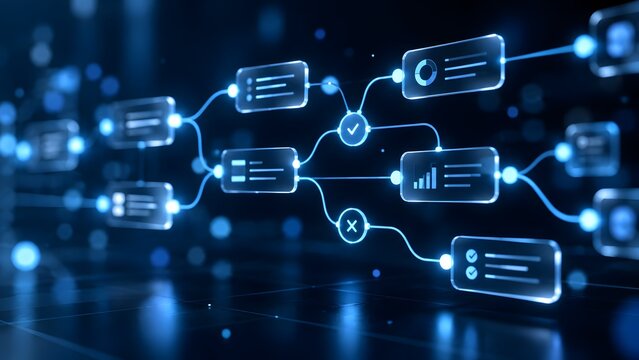 Glowing Blue Holographic Flowchart Network With Checkmark Cross And Analytics Charts Representing Decision Tree Process