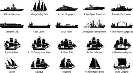 Black silhouettes collection of commercial cargo vessels modern warships luxury yachts and historical sailing ships from different eras © MSTJOSNA