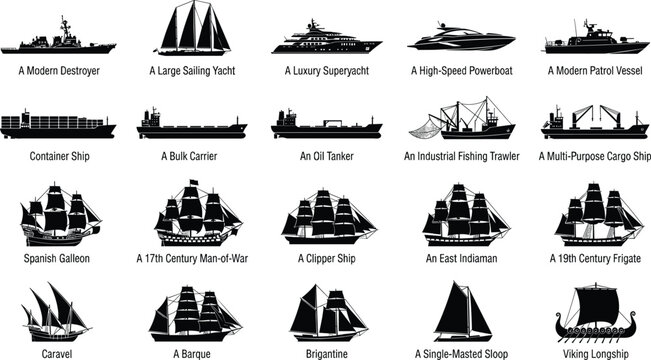 Black silhouettes collection of commercial cargo vessels modern warships luxury yachts and historical sailing ships from different eras