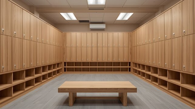 Modern School Locker Room Interior with Wooden Storage Lockers, Open Shoe Cubbies and Rustic Wooden Bench