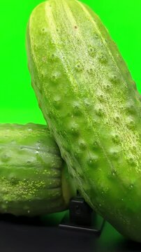 Fresh green cucumber rotating slowly against a bright green screen background for easy chroma keying