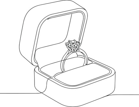 Luxury diamond engagement ring inside an open velvet gift box single continuous line vector drawing illustration